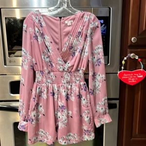 Dusty Rose romper with flowers and sheer sleeves